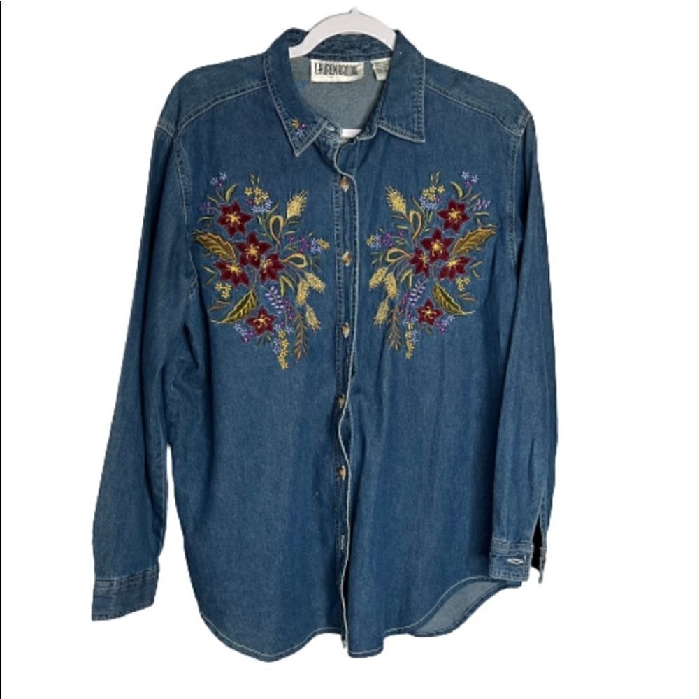 Vintage Lauren Brooke Denim Floral Button Down Shirt